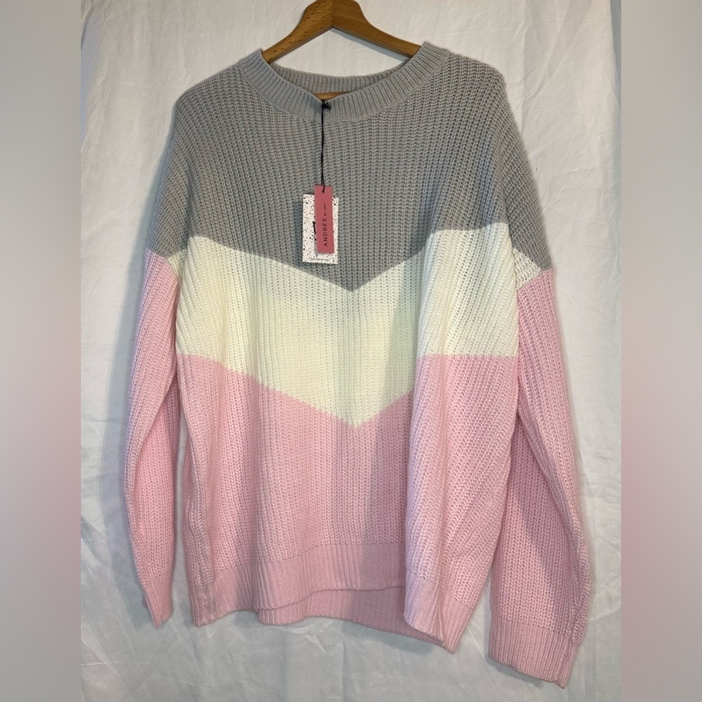 Andree by Unit Women’s Long Sleeve Sweater Pink/Gray/White Crew Neck Size 1X NWT